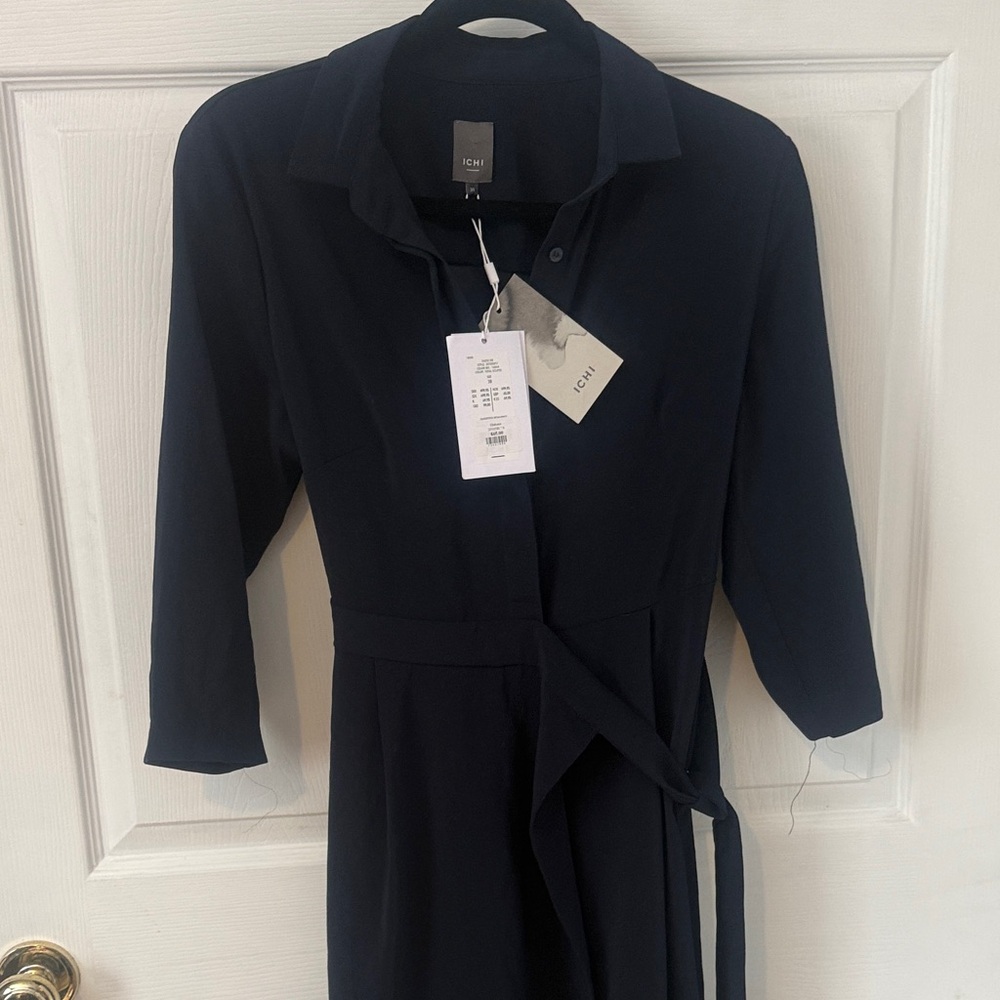 ICHI Navy 3/4 Sleeve Wrap-Style Dress